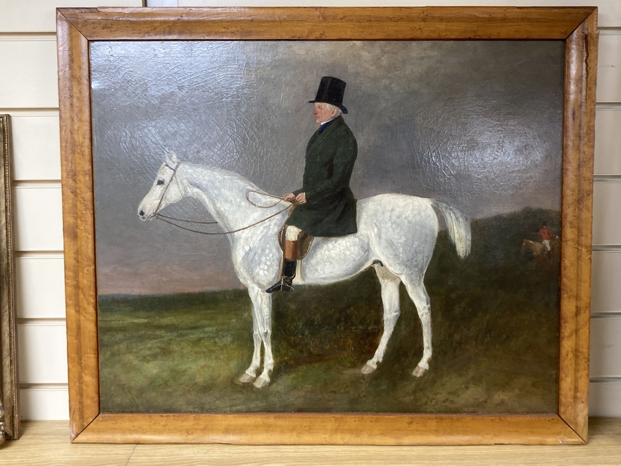 Attributed to Charles Bilger Spalding (1810-1871), oil on canvas, Portrait of Mr W. Wilkinson on horseback, c.1840, faded label verso,